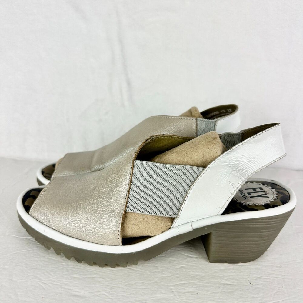 Fly London Wily Sling Back Leather Sandal Size 39 US 8-8.5 Silver White